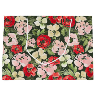 Grand Sac Cadeau Fleurs d'aquarelle de Noël bleues et vertes foncée