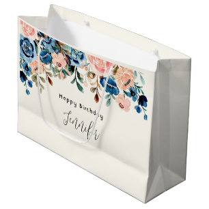 Grand Sac Cadeau Fleurs d'aquarelle rose et bleu Anniversaire
