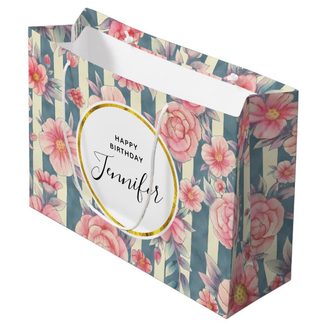 Grand Sac Cadeau Fleurs d'aquarelle rose sur rayures Anniversaire (Devant Angle)