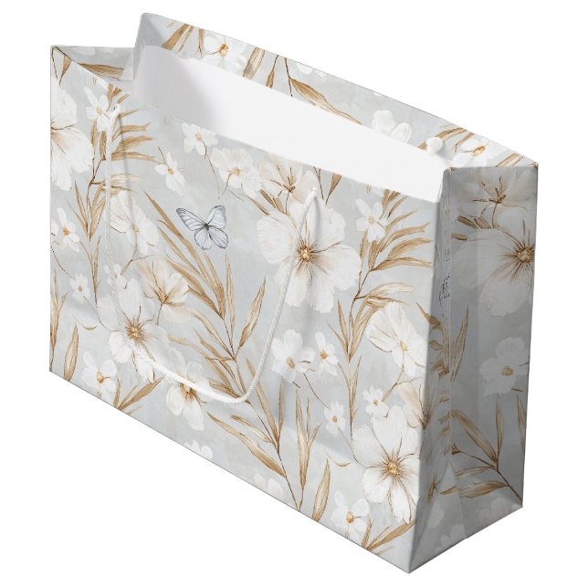 Grand Sac Cadeau Fleurs de crème blanche papillons bleus douche de  (Devant Angle)