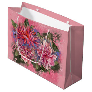 Grand Sac Cadeau Fleurs de dahlias rose aquarelle