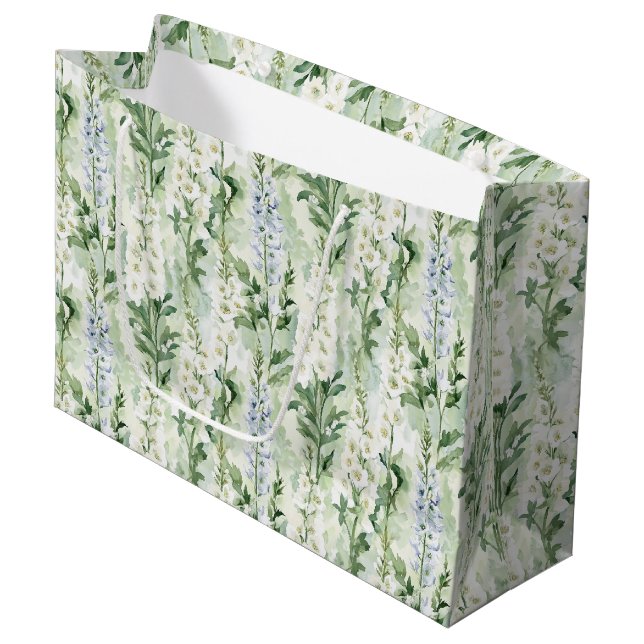 Grand Sac Cadeau Fleurs de Delphinium Blanches Lavande pour une Mar (Devant Angle)