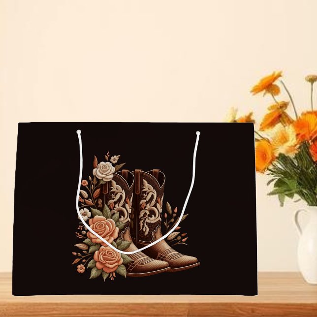 Grand Sac Cadeau Fleurs de l'Ouest du pays avec bottes de cowboy (Country Western Flowers with Cowboy Boots Large Gift Bag )