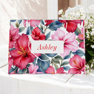 Grand Sac Cadeau Fleurs de peinture à l'eau rose rouge élégant