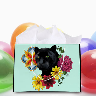 Grand Sac Cadeau Fleurs de Portrait Jaguar Noir
