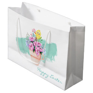 Grand Sac Cadeau Fleurs de printemps avec poussins de Pâques
