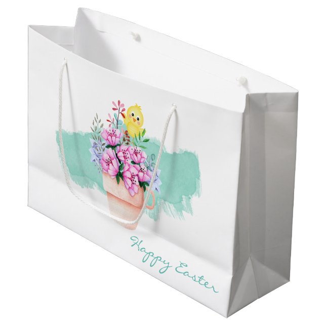 Grand Sac Cadeau Fleurs de printemps avec poussins de Pâques (Devant Angle)