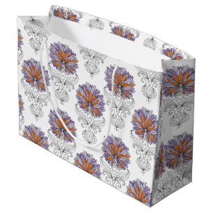 Grand Sac Cadeau Fleurs de style d'art abstrait doodle violet orang