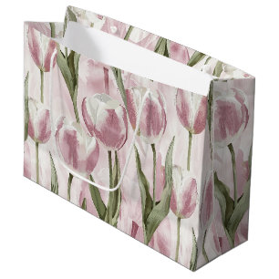 Grand Sac Cadeau Fleurs de tulipes roses blanches chic pour anniver