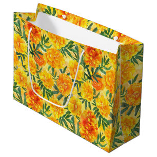Grand Sac Cadeau Fleurs de type Souci Jaune et Orange Aquarelle