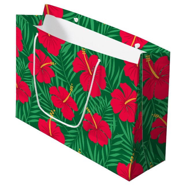 Grand Sac Cadeau Fleurs d'Hibiscus rouges sur Motif Feuille tropica (Devant Angle)