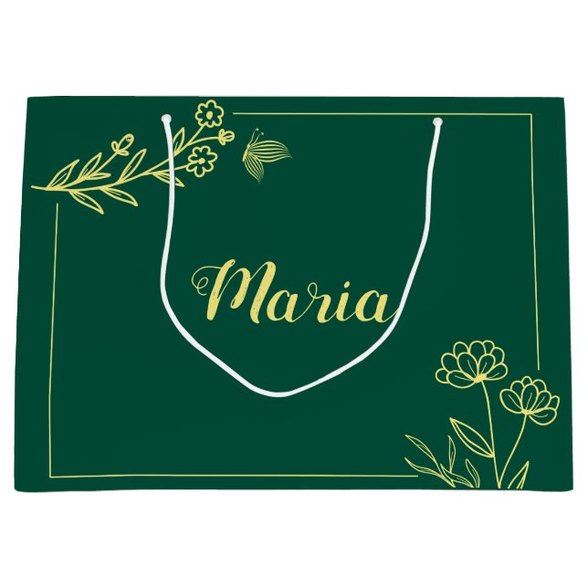 Grand Sac Cadeau Fleurs dorées simples mariage vert émeraude (Devant)