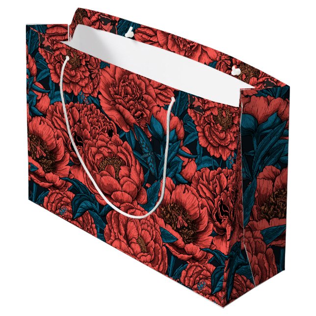 Grand Sac Cadeau Fleurs et moisissures de pivoines rouges (Dos Angle)