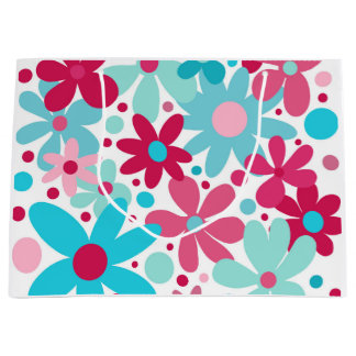 Grand Sac Cadeau Fleurs funky bleu et rose