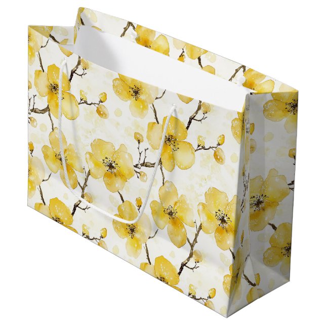 Grand Sac Cadeau Fleurs Jaune Or Mariage (Devant Angle)