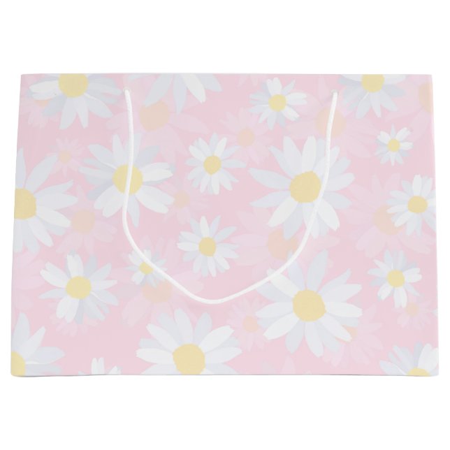 Grand Sac Cadeau Fleurs marguerites blanches Florales roses (Devant)