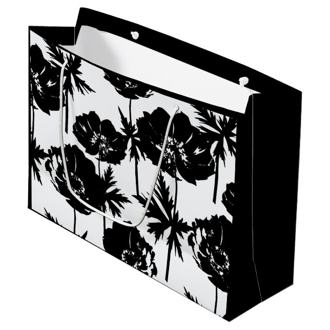 Grand Sac Cadeau Fleurs noires, blanc, Monochrome (Devant Angle)