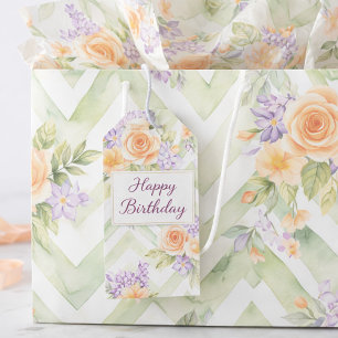 Grand Sac Cadeau Fleurs pastel pêche lavande sauge chevron Annivers