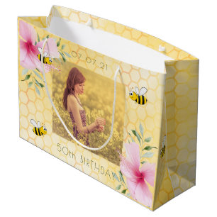 Grand Sac Cadeau Fleurs roses de nid d'abeille jaune photo 50e anni