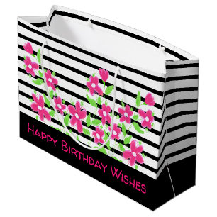 Grand Sac Cadeau Fleurs roses Joyeux voeux d'anniversaire