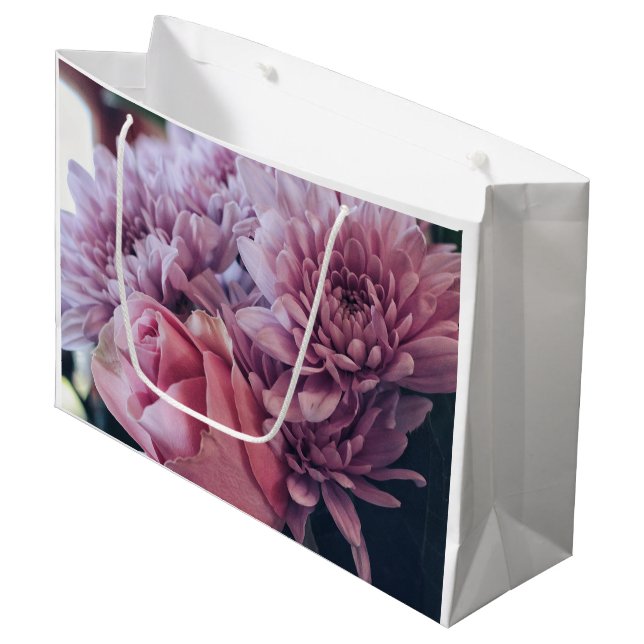 Grand Sac Cadeau Fleurs Roses pastel rose pâle violet (Devant Angle)