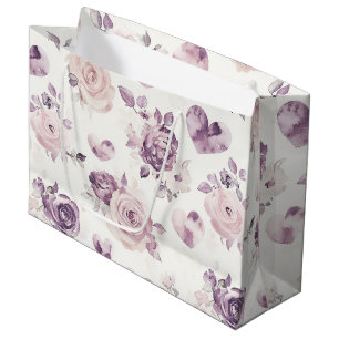 Grand Sac Cadeau Fleurs roses violettes et cœurs Baby Shower