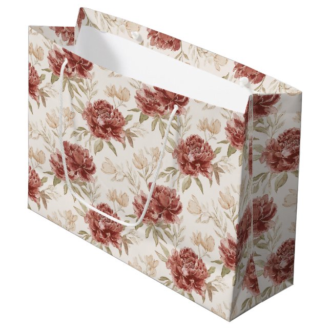 Grand Sac Cadeau Fleurs Rouges Crème Mariage (Devant Angle)