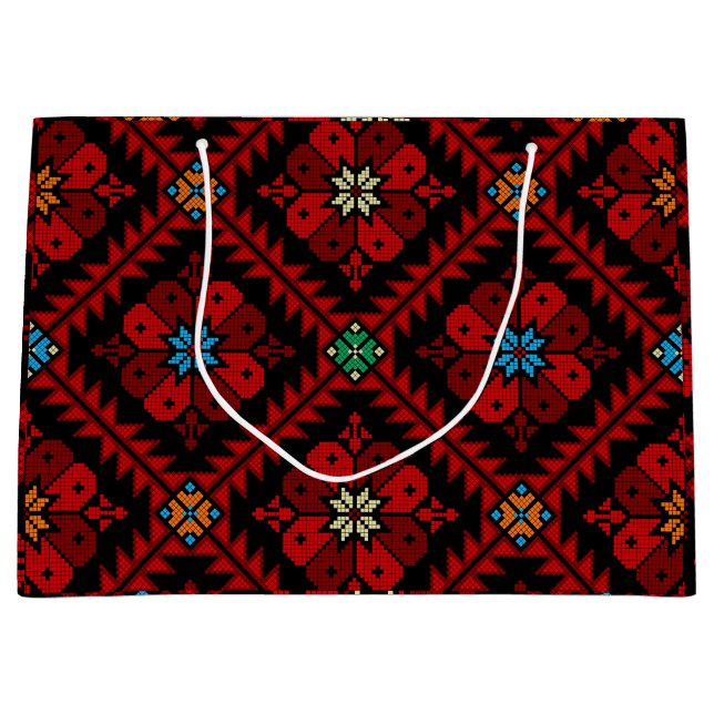 Grand Sac Cadeau Fleurs rouges Palestine Broderie tatreez Motif (Devant)