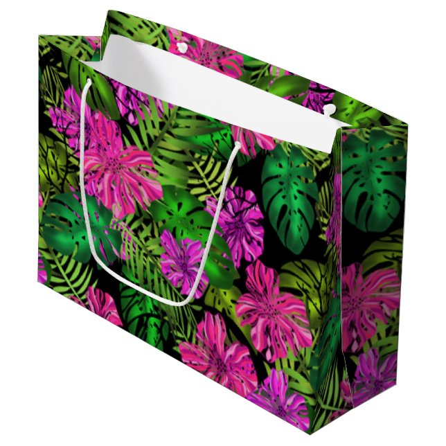 Grand Sac Cadeau Fleurs tropicales et plantes en noir (Devant Angle)