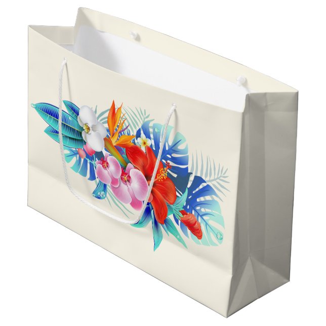 Grand Sac Cadeau Fleurs tropicales exotiques - Rose et aigue-marine (Devant Angle)