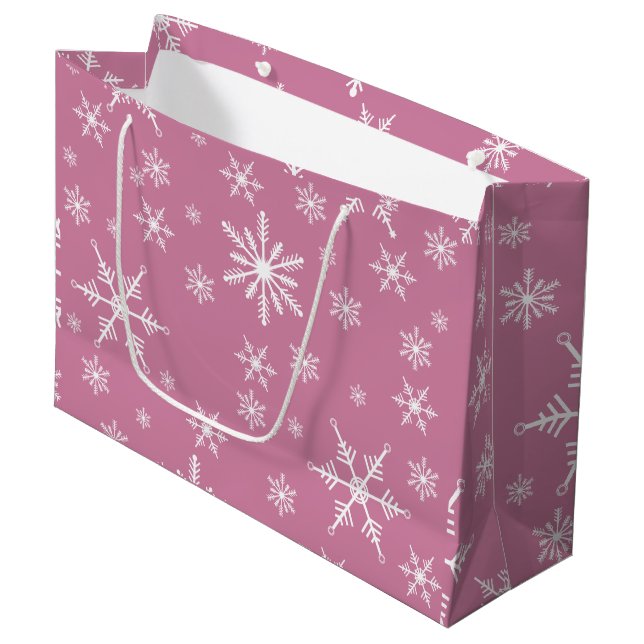 Grand Sac Cadeau Flocon de neige de Noël rose (Devant Angle)