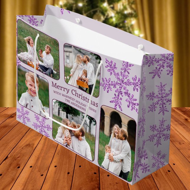 Grand Sac Cadeau Flocon de neige Violet Glam 5 Photo Collage Noël (Add your photos to this custom Christmas gift bag in purple with faux glitter snowflakes for glam)