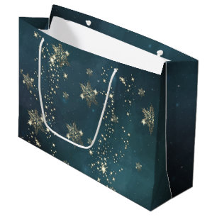 Grand Sac Cadeau Flocons de neige dorés chic vert