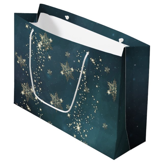 Grand Sac Cadeau Flocons de neige dorés chic vert (Devant Angle)