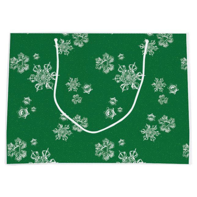 Grand Sac Cadeau Flocons de neige faits main - Vert clair et blanc (Devant)