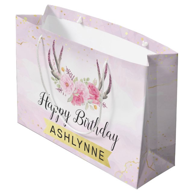 Grand Sac Cadeau Floral Antlers Blush Rose & Gold Girl'anniversaire (Dos Angle)