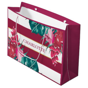 Grand Sac Cadeau Floral bordeaux exotique Personnalisé rayé