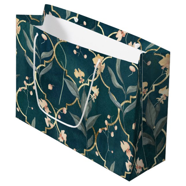 Grand Sac Cadeau Floral vert et or (Devant Angle)