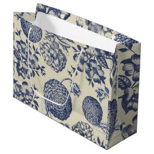 Grand Sac Cadeau Flore d'impression florale de fleurs bleues antiqu