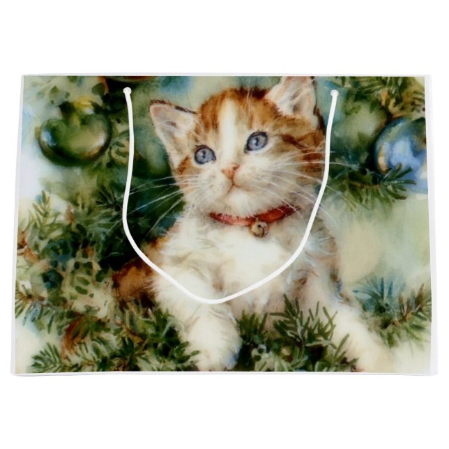 Grand Sac Cadeau Fluffy christmas cat Watercolor (Devant)