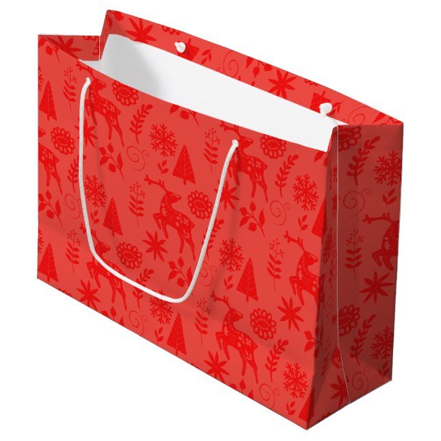 Grand Sac Cadeau Folk Art Deer Botanical Red Large Gift Bag (Devant Angle)