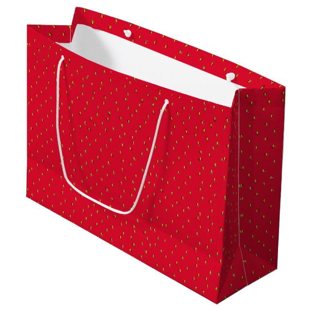 Grand Sac Cadeau Fond rouge de fraise drôle (Devant Angle)