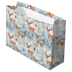 Grand Sac Cadeau Forêt de cerfs aquarelle d'hiver (3)