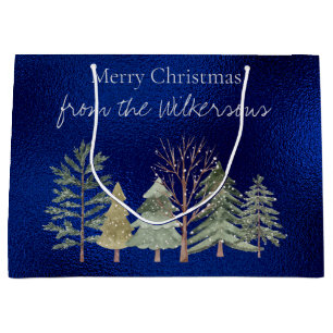 Grand Sac Cadeau Forêt hivernale à l'aquarelle la nuit Arbres simpl