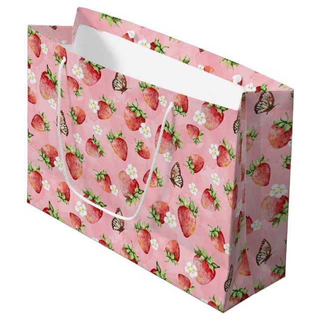 Grand Sac Cadeau Fraise avec Papillon (Devant Angle)