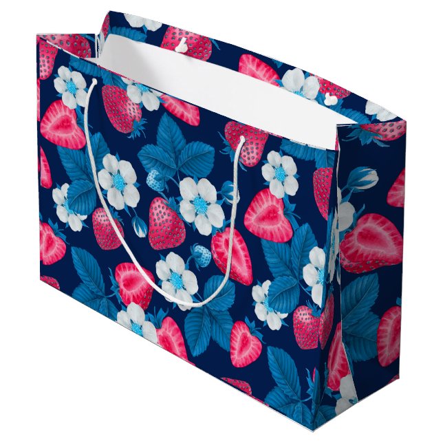 Grand Sac Cadeau Fraises roses sur bleu (Dos Angle)