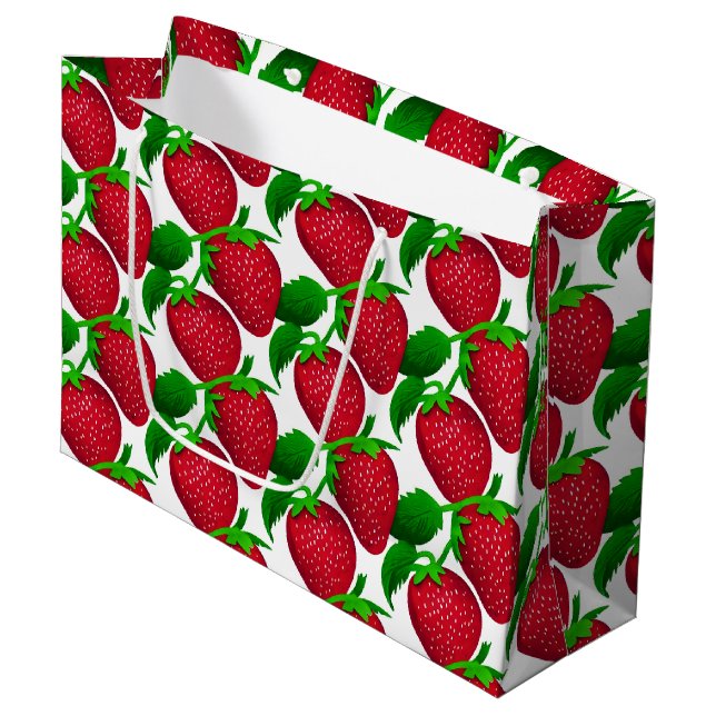 Grand Sac Cadeau Fraises sur Motif Arrière - plan blanc (Devant Angle)