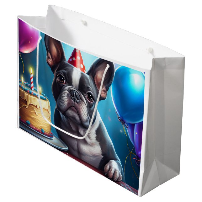 Grand Sac Cadeau Frenchie Birthday Bash : Un mignon Bulldog françai (Devant Angle)