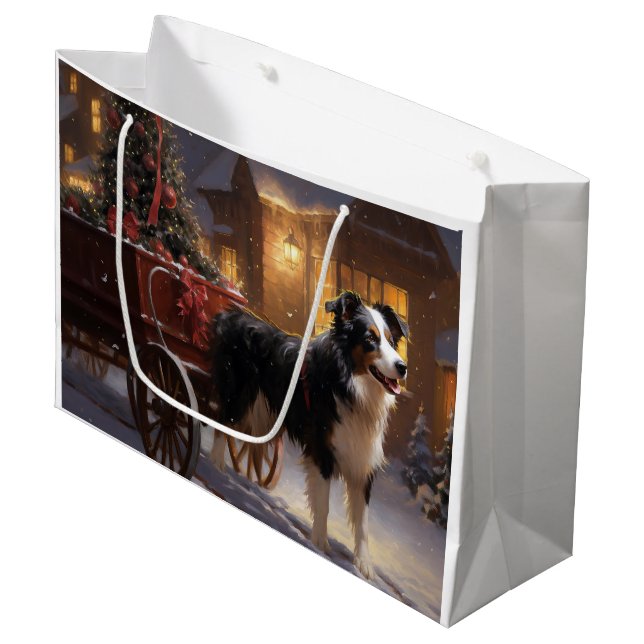Grand Sac Cadeau Frontière Collie Festive de Noël (Devant Angle)