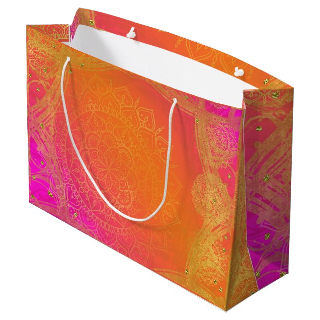 Grand Sac Cadeau Fuchsia Rose Orange Et Or Mandala Fête (Dos Angle)